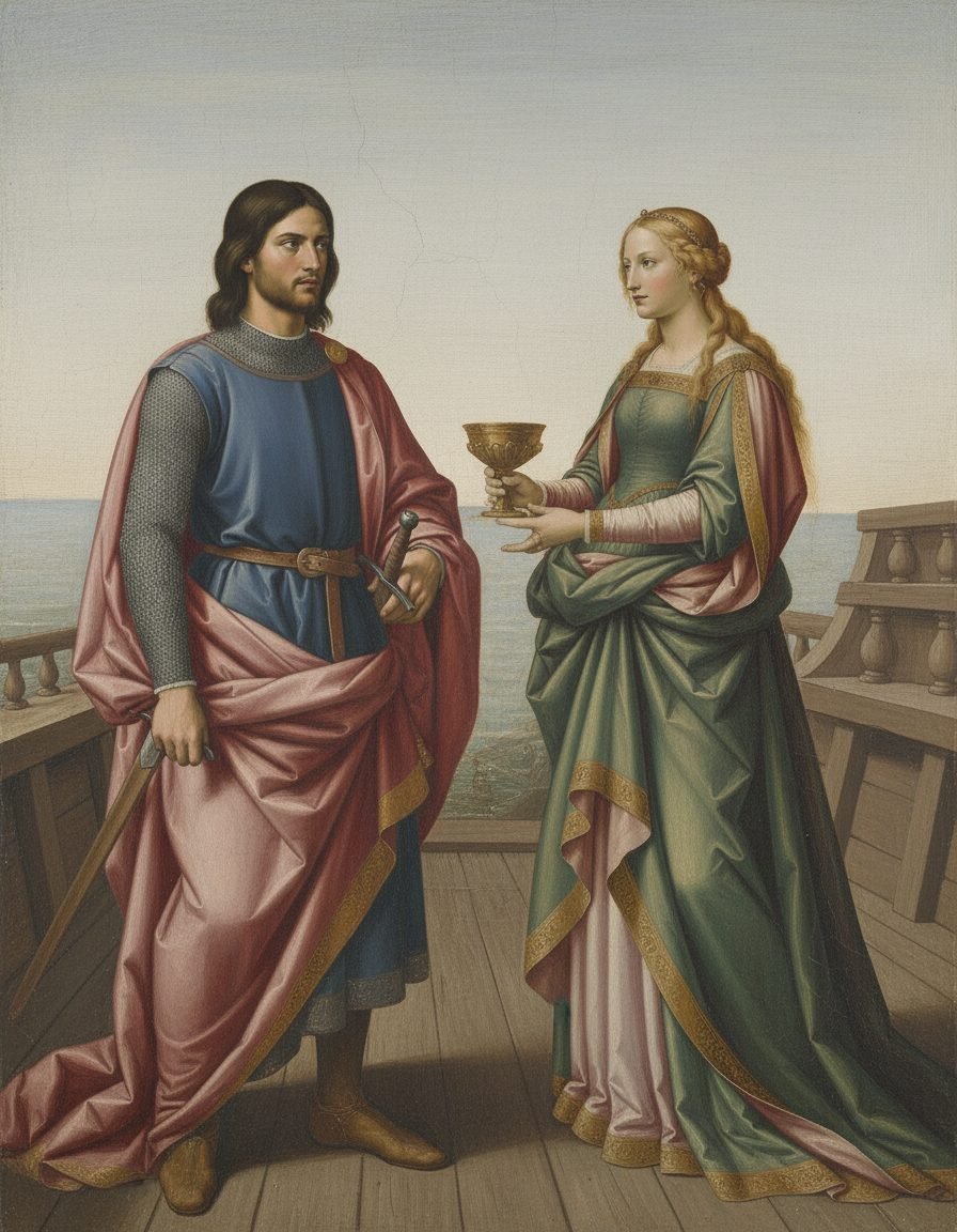 Tristan et Yseult sur la nef qui les mène en Cornouailles, peinture symboliste