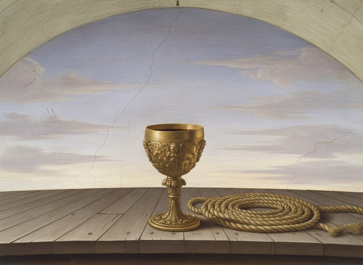 La coupe contenant le philtre, posée seule sur le pont de la nef
