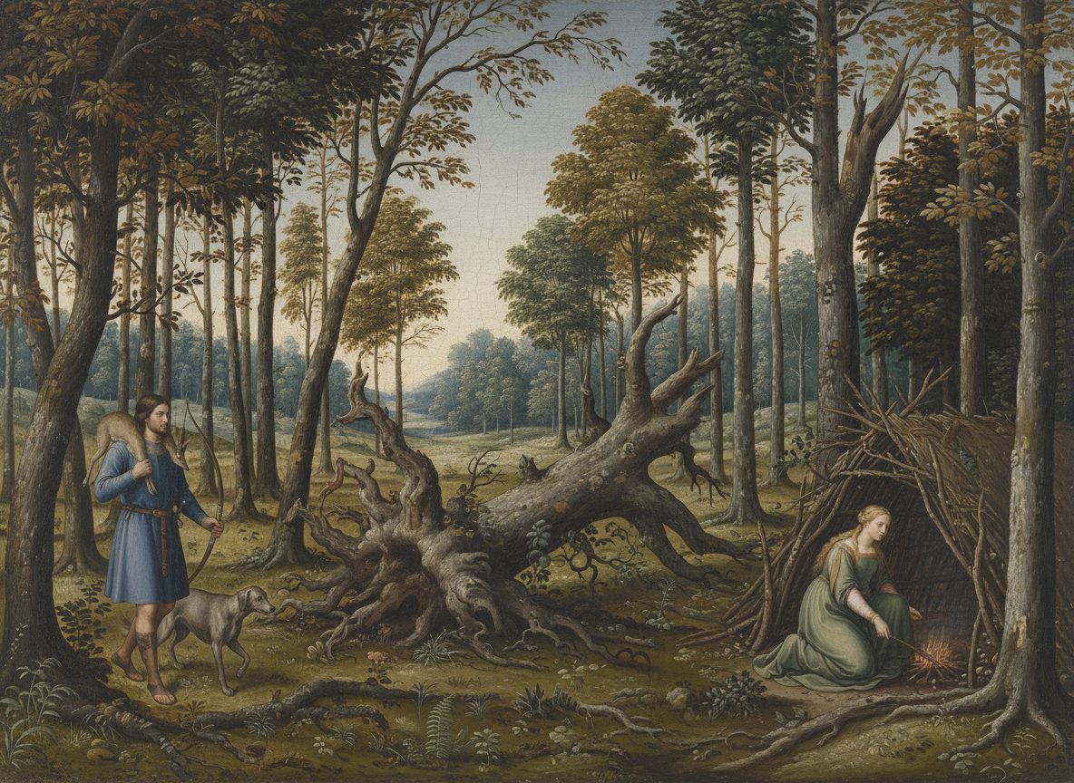 Dans la forêt du Morois, Tristan revient de la chasse avec son arc et un chevreuil, Husdent à ses côtés ; Yseult attise le feu devant la loge de feuillage