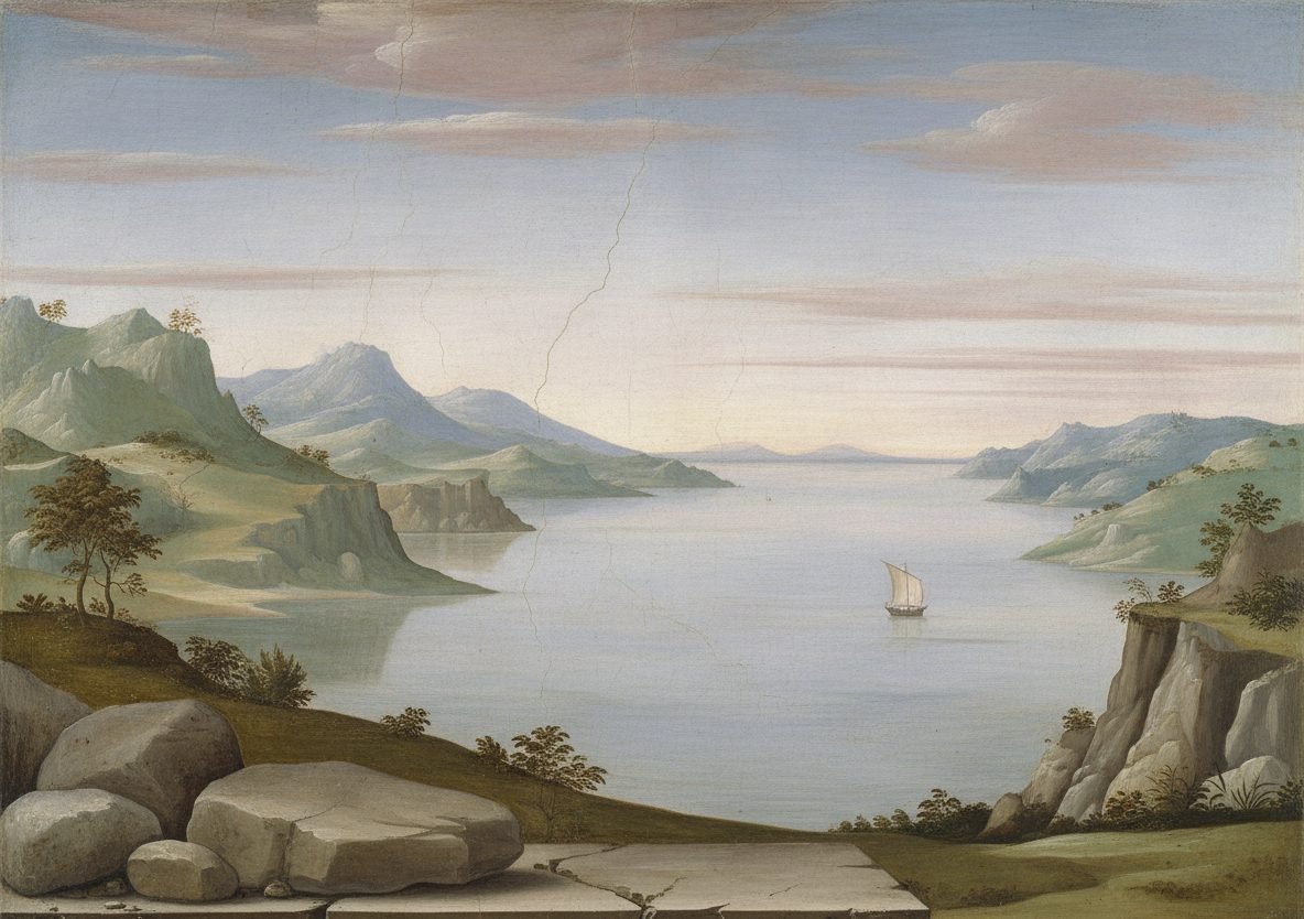 La baie et la mer entre l'Irlande et la Cornouailles, une nef au loin