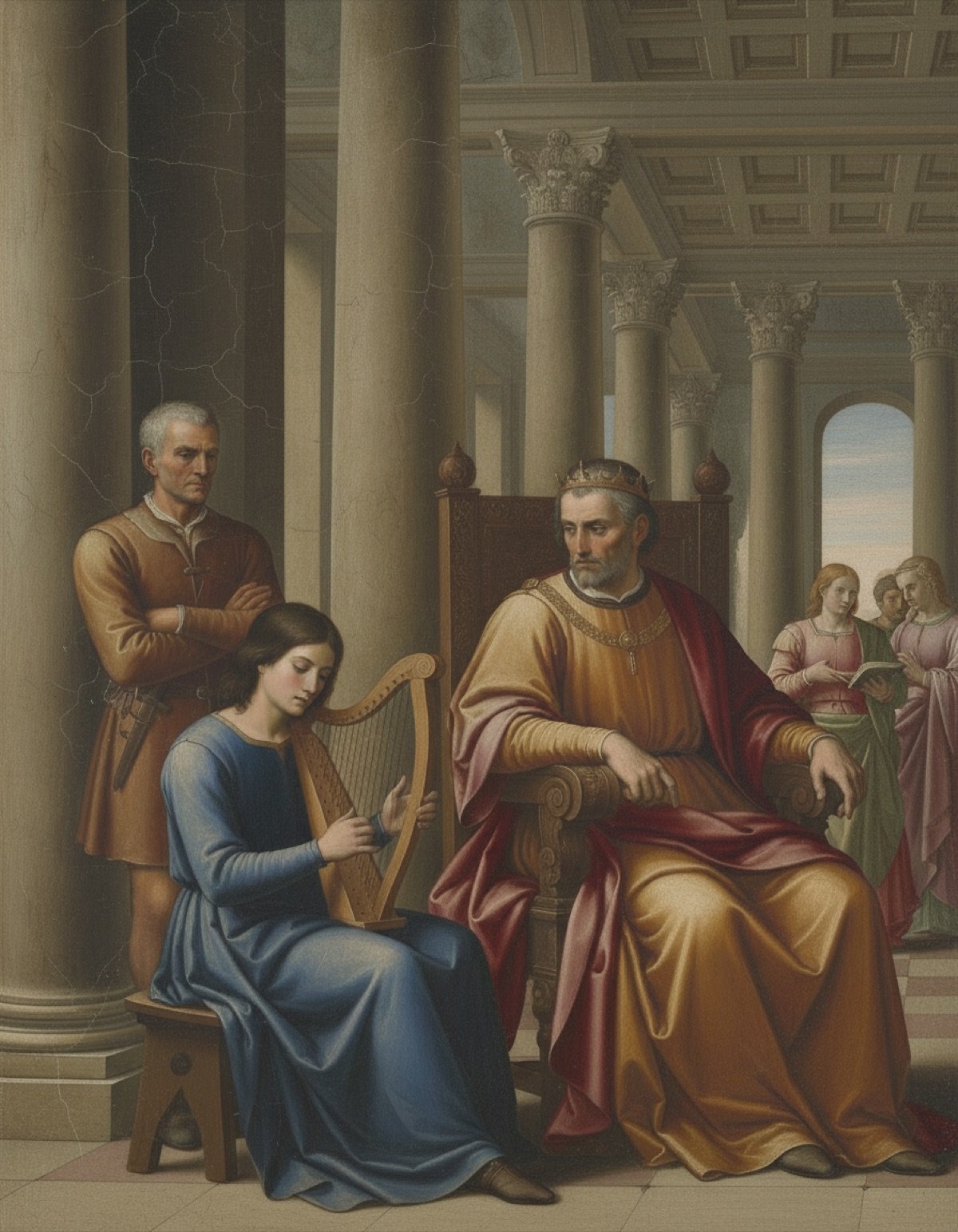 Tristan enfant joue de la harpe devant le roi Marc